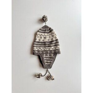 GAP Taupe Grey Ivory Shetland Wool Knit Pom Pom Trapper Beanie Hat, One Size